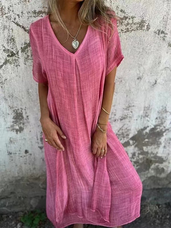 Loose Short Sleeve V-Neck Solid Color Cotton and Linen Dress