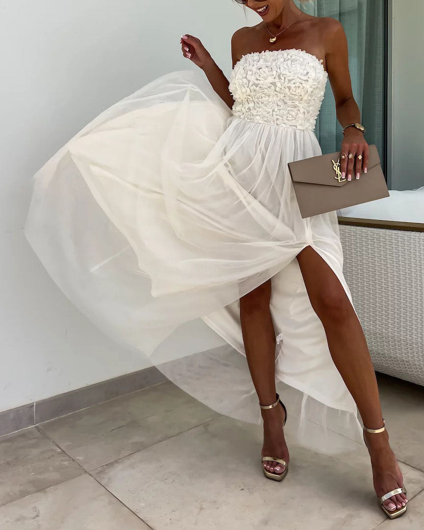 Off-shoulder tube top mesh slit tutu dress