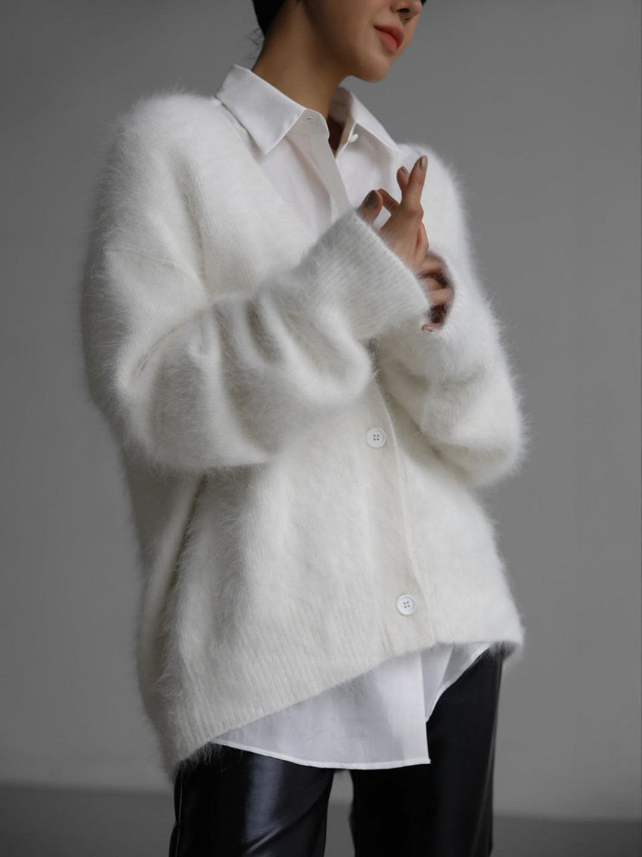 Plush Loose Long Sleeve V-neck Buttoned Cardigan