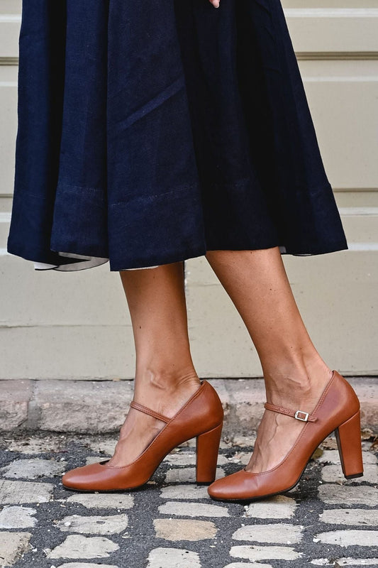 Retro brown Round toe Thick high heels Pumps