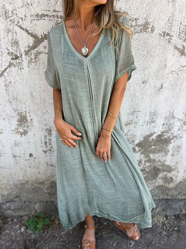 Loose Short Sleeve V-Neck Solid Color Cotton and Linen Dress