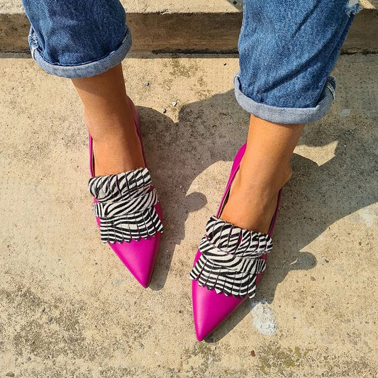 Pointed Toe Shallow Tassel Color Matching Zabra Loafers