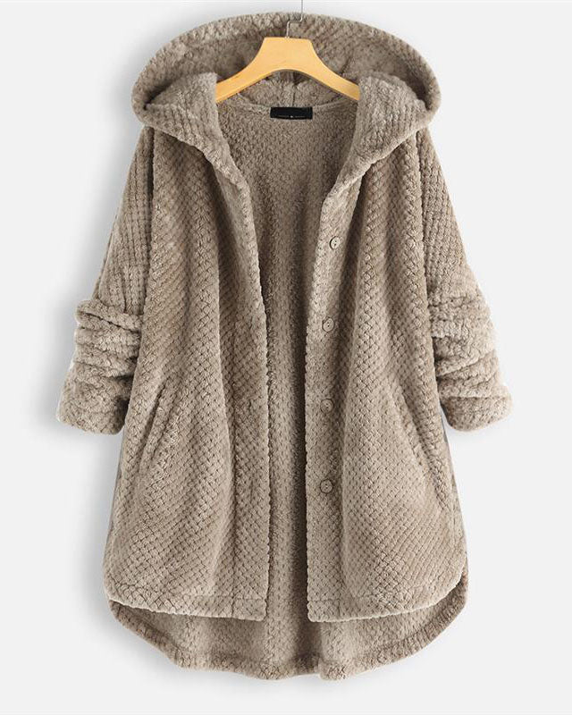 Button Closure Rounded Hem Hooded Sweatshirt Jacket