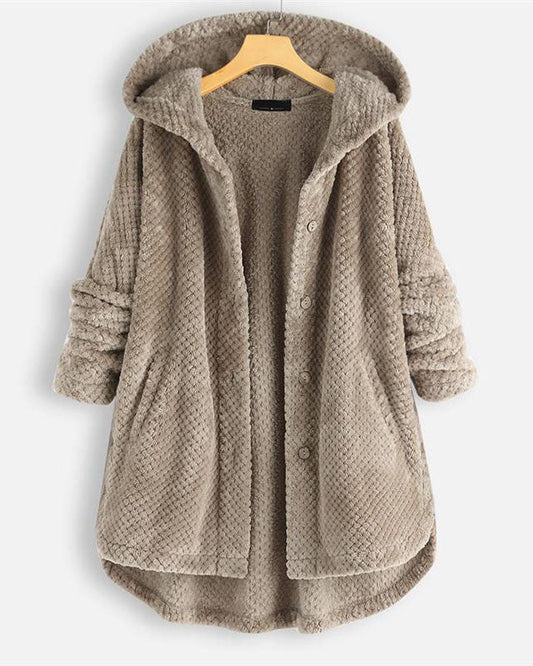Button Closure Rounded Hem Hooded Sweatshirt Jacket