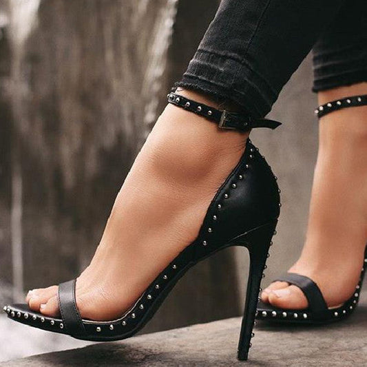Thin Heel PU Leather Rivet Peep Toe Shoes