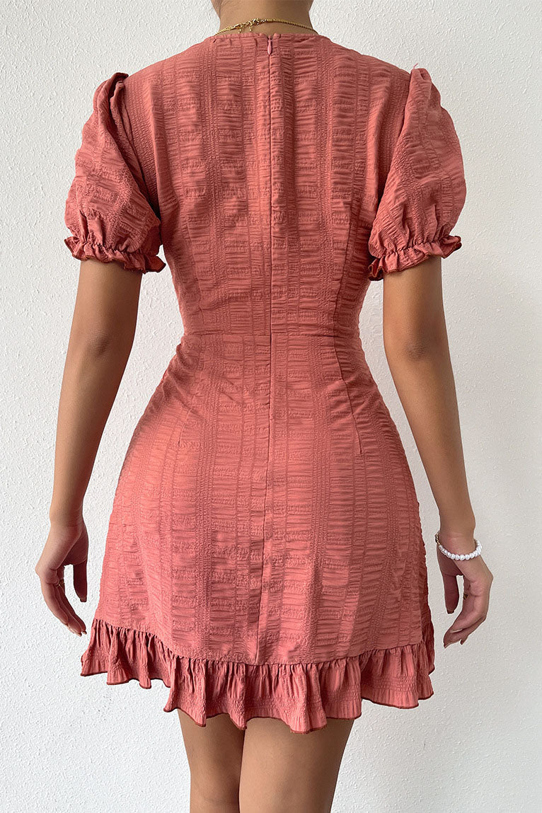 Solid color V-neck Pleated Asymmetric waist Dress