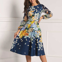 Boho Floral Round Neck Long Sleeve Panel Swing Dress