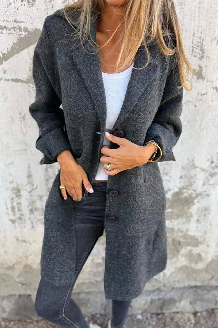 Solid color lapel pocket single breasted mid-length coat
