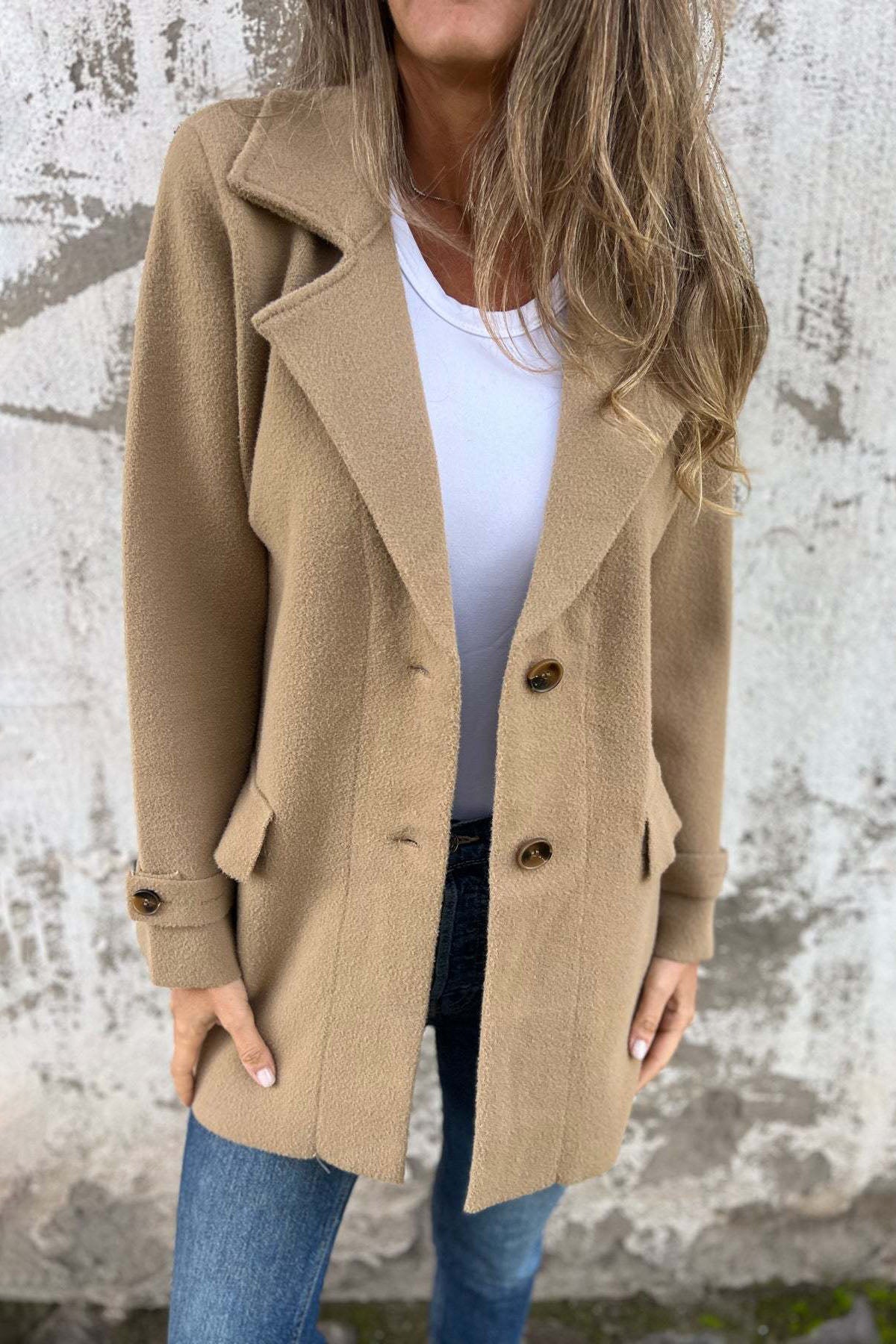 Woolen loose lapel fake pocket cardigan coat