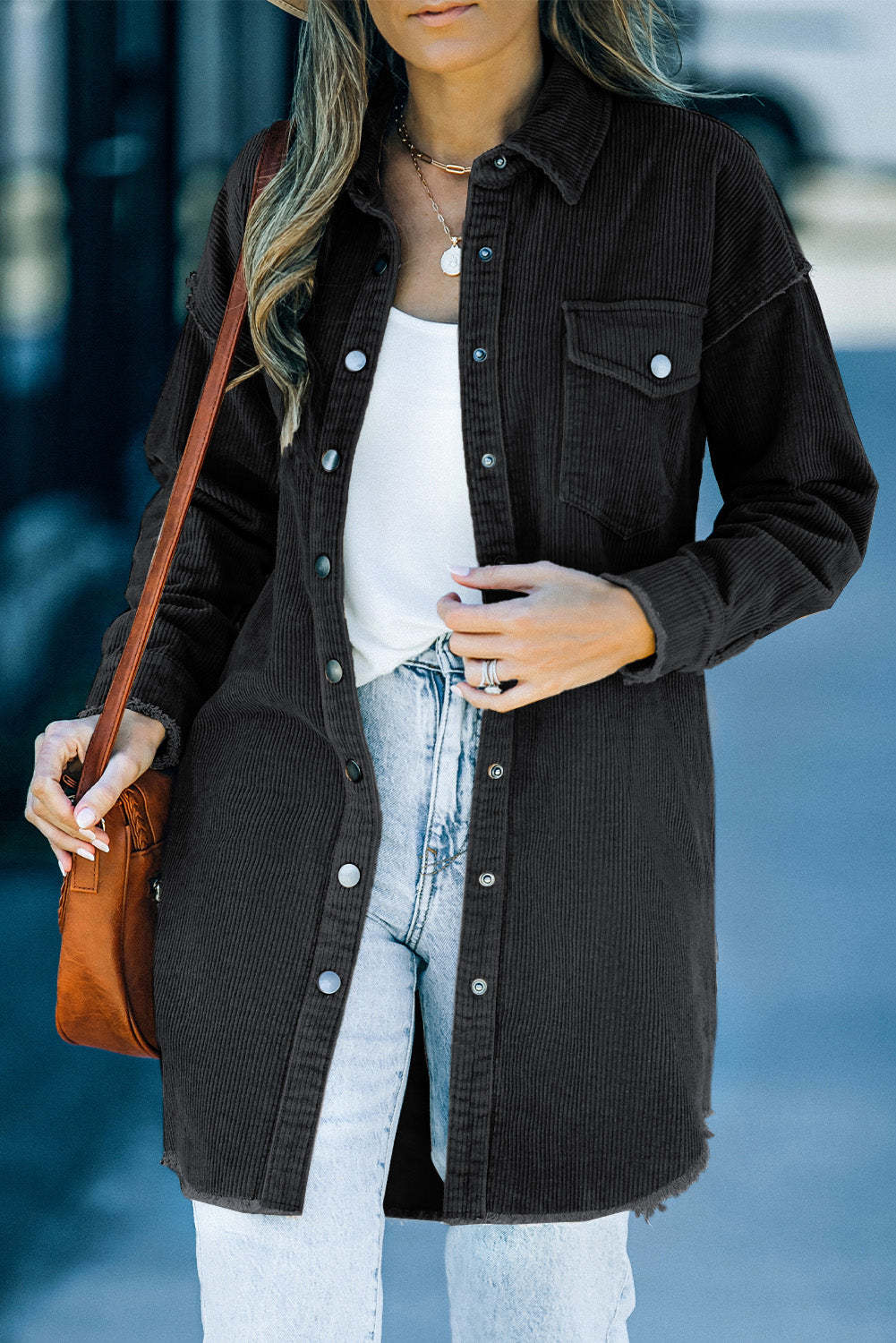 Corduroy Button Oversized Mid-Length Shirt Jacket