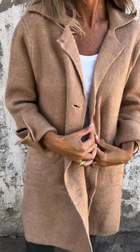 Solid color lapel pocket single breasted mid-length coat
