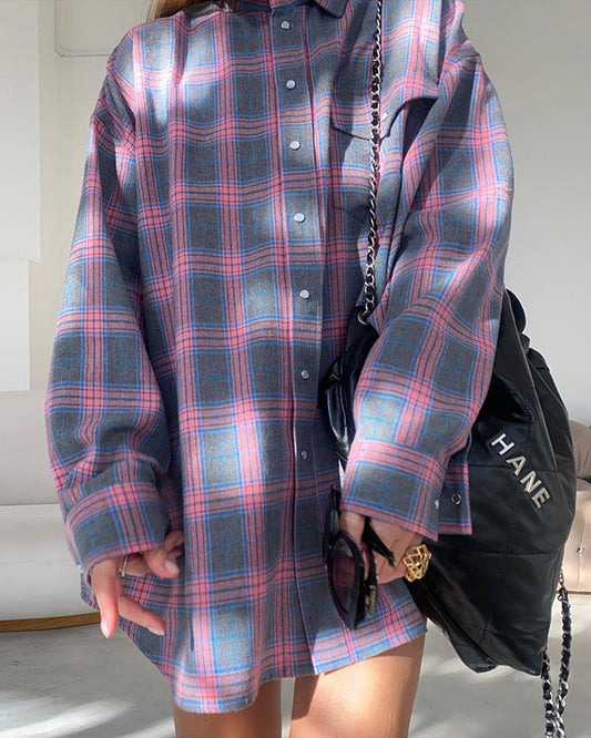 Notched Lapel Loose-Fit Plaid Long Sleeve Pocket Shirt