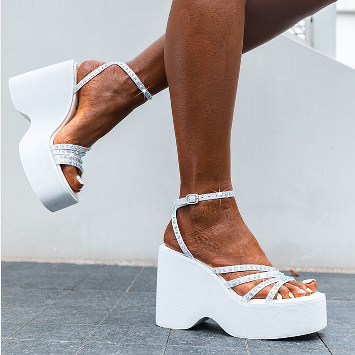 Platform Wedge Rhinestone Strap Sandals