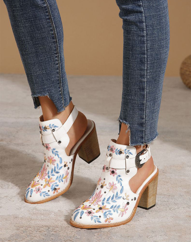 Vintage Floral Embroidered Espadrilles Chunky Heels
