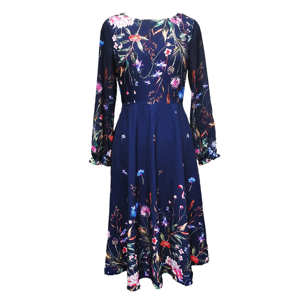 Vintage Print Crew Neck Long Sleeve Dress