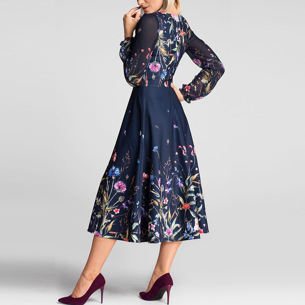 Vintage Print Crew Neck Long Sleeve Dress