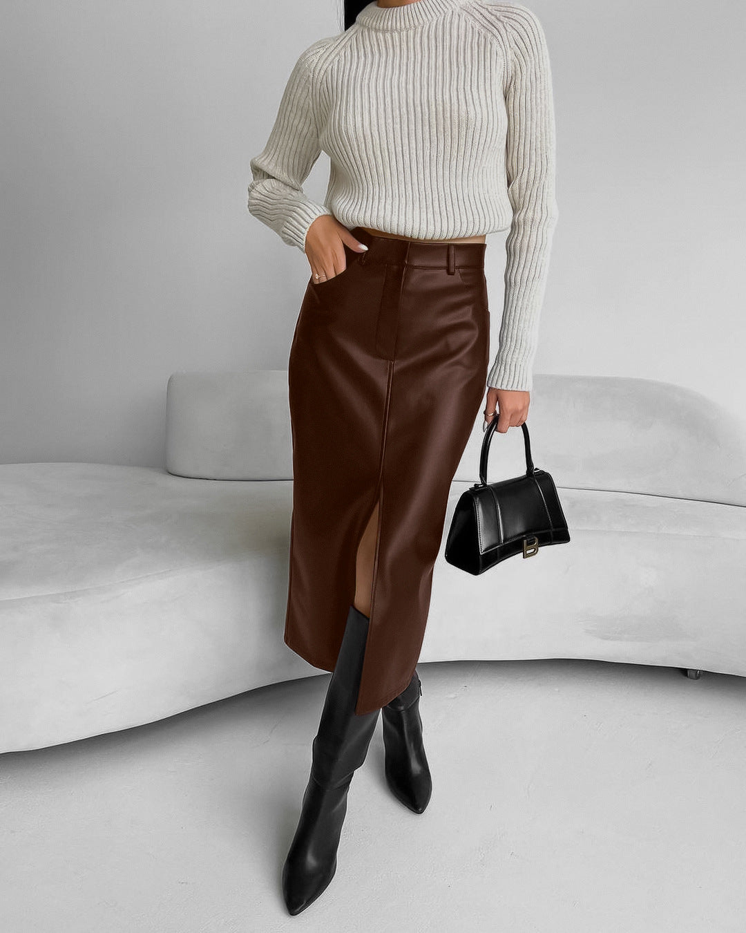 Vintage Front Slit and Lining Faux Leather Skirt