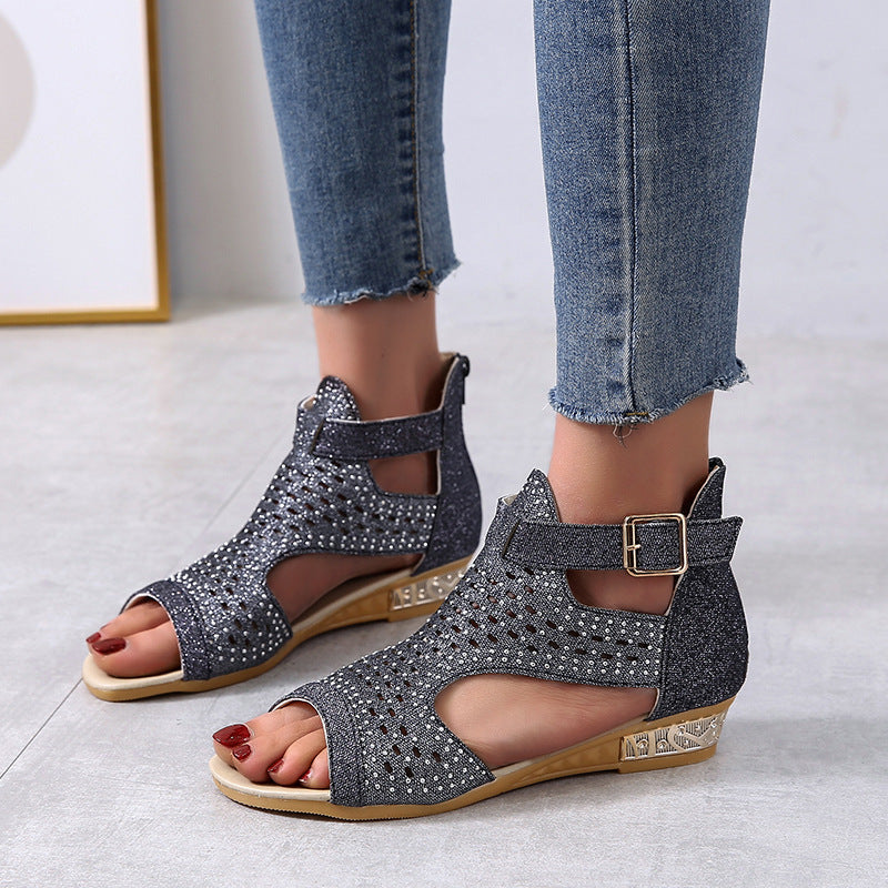 Open Toe Hollow Rhinestone Roman Sandals