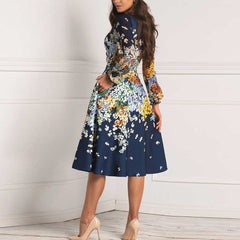 Boho Floral Round Neck Long Sleeve Panel Swing Dress