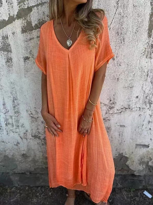 Loose Short Sleeve V-Neck Solid Color Cotton and Linen Dress
