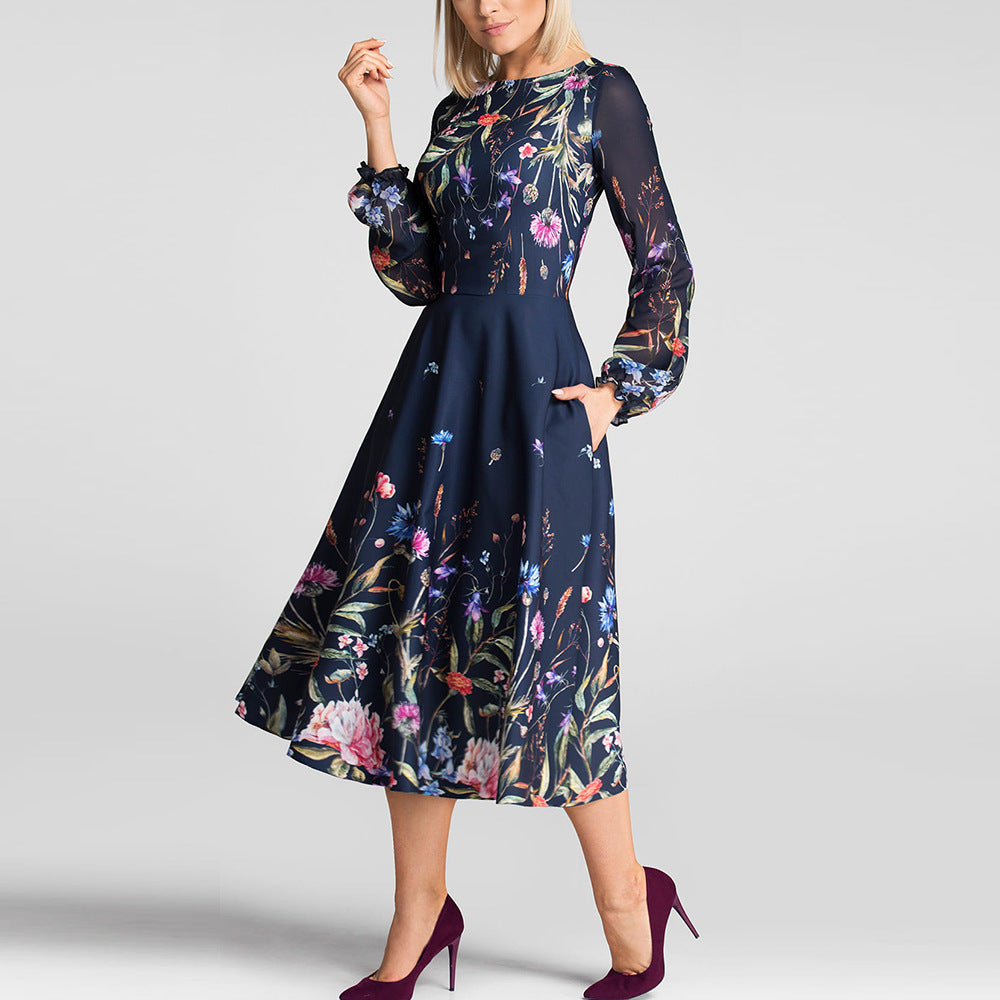 Vintage Print Crew Neck Long Sleeve Dress