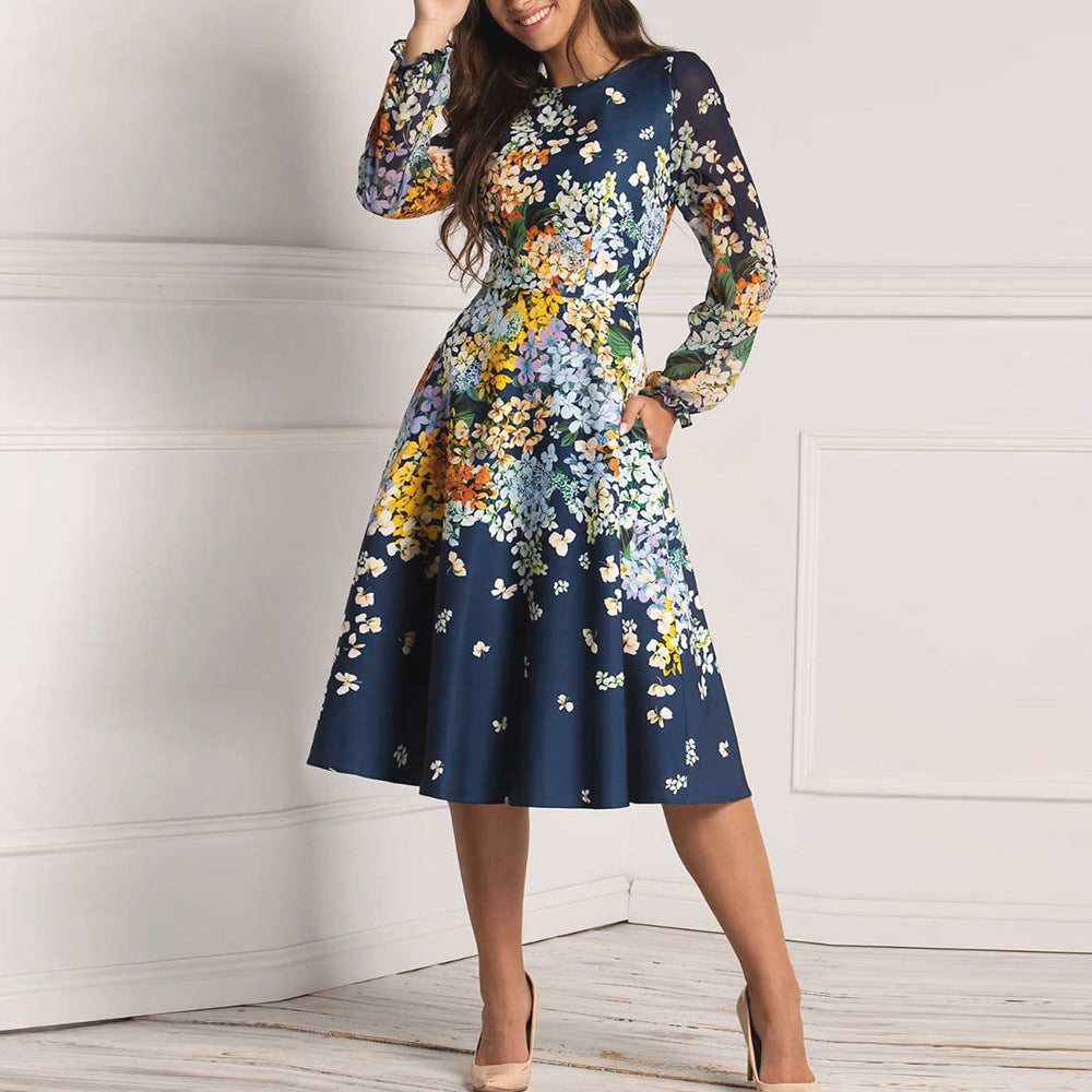 Boho Floral Round Neck Long Sleeve Panel Swing Dress