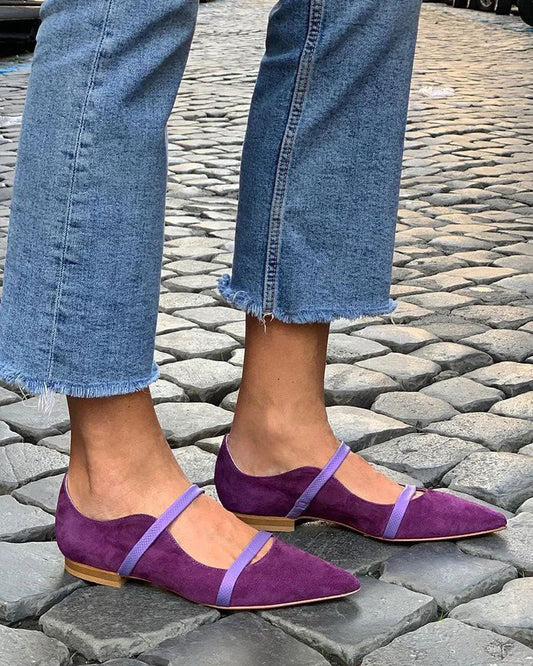 Pointed toe double-strap suede Mary Janes