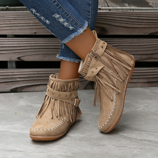 Studded flat tassel boots