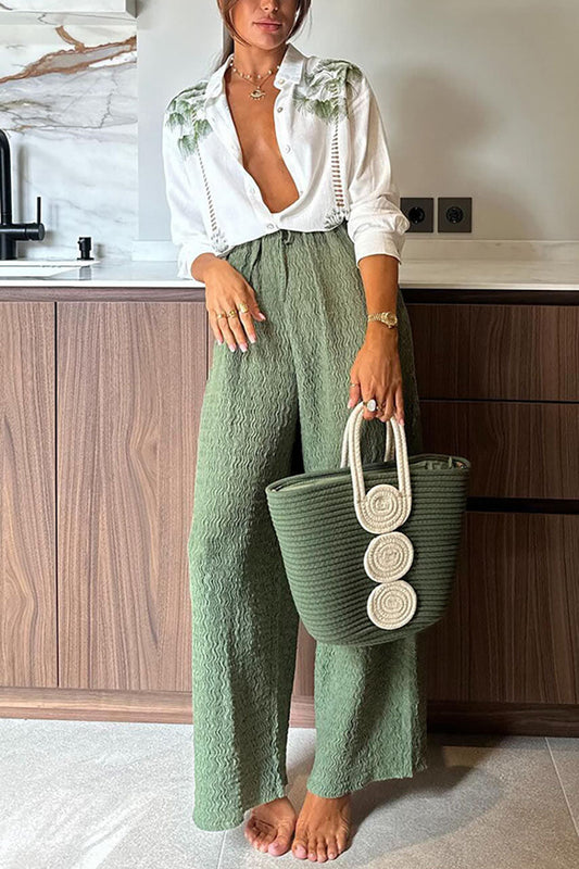 Printed long-sleeved single-breasted top and wide-leg pants suit
