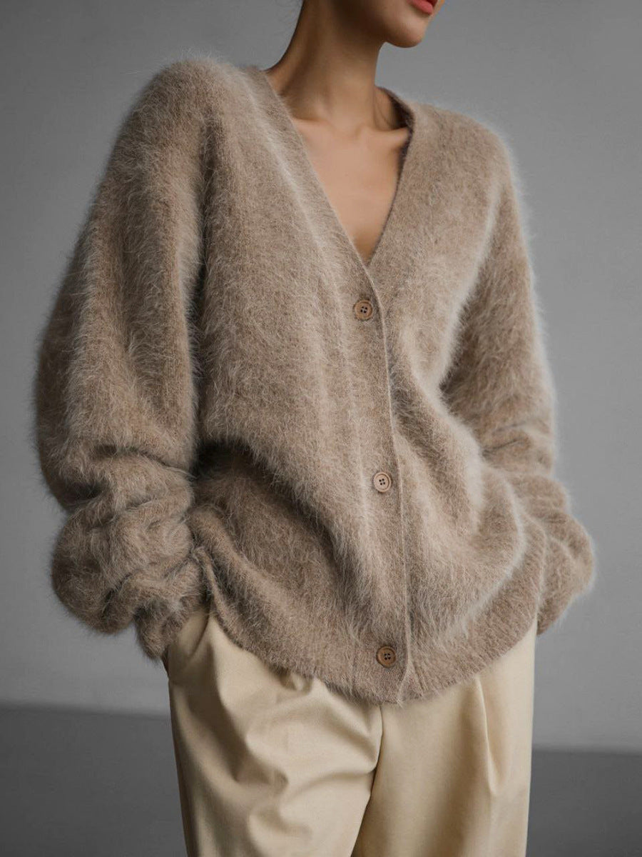 Plush Loose Long Sleeve V-neck Buttoned Cardigan