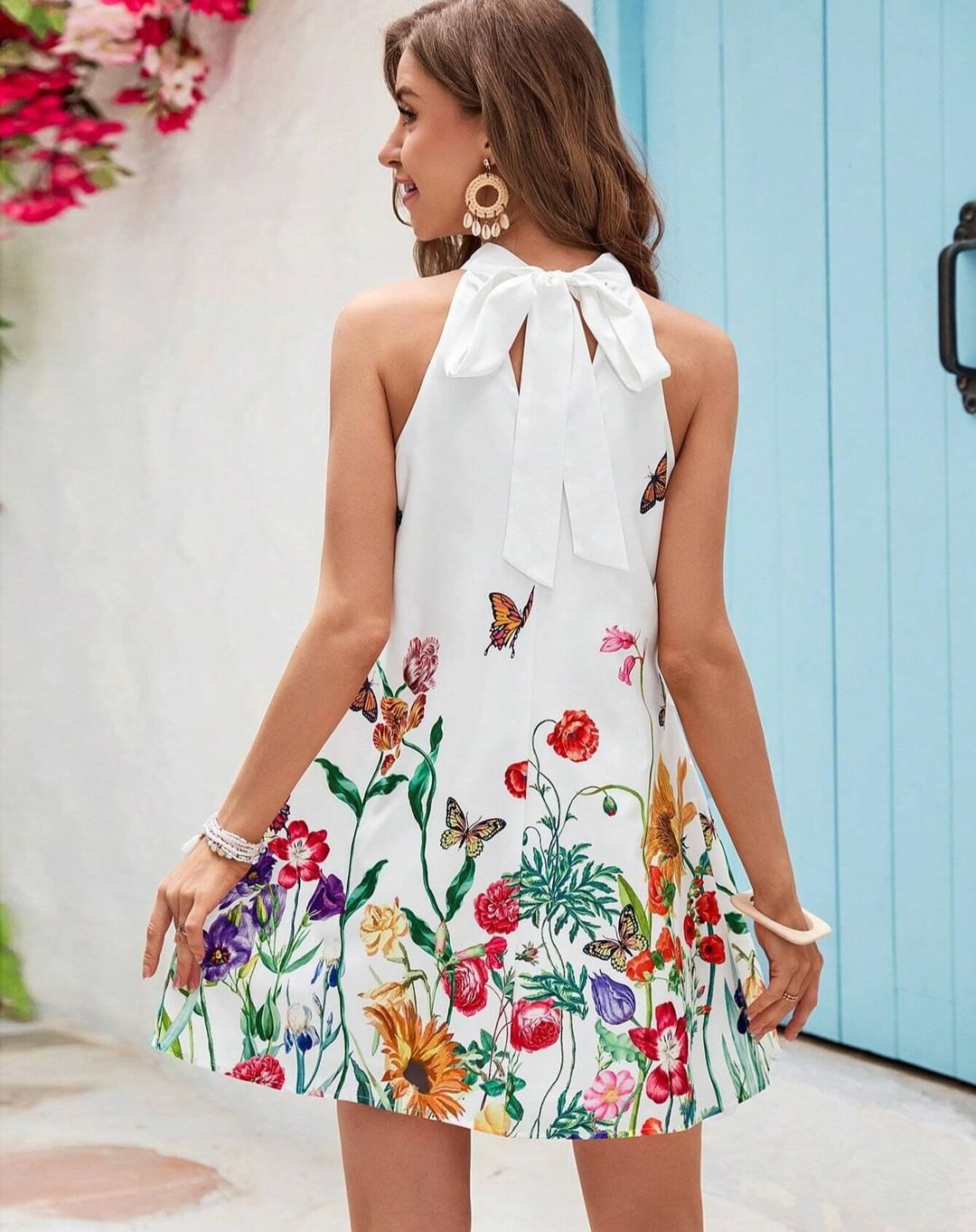 Women's Choker Cutout V-Neck Eagle Printed Short Sleeve Mini T-Shirt Dress