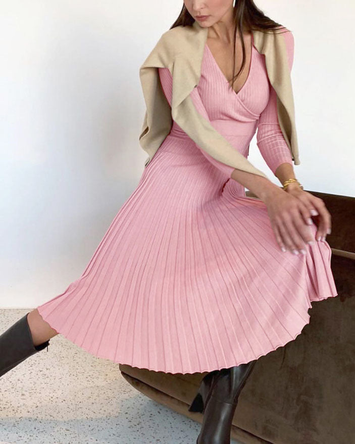 V-neck Wrap Bodice Knee-Length Knit Pleated Dress