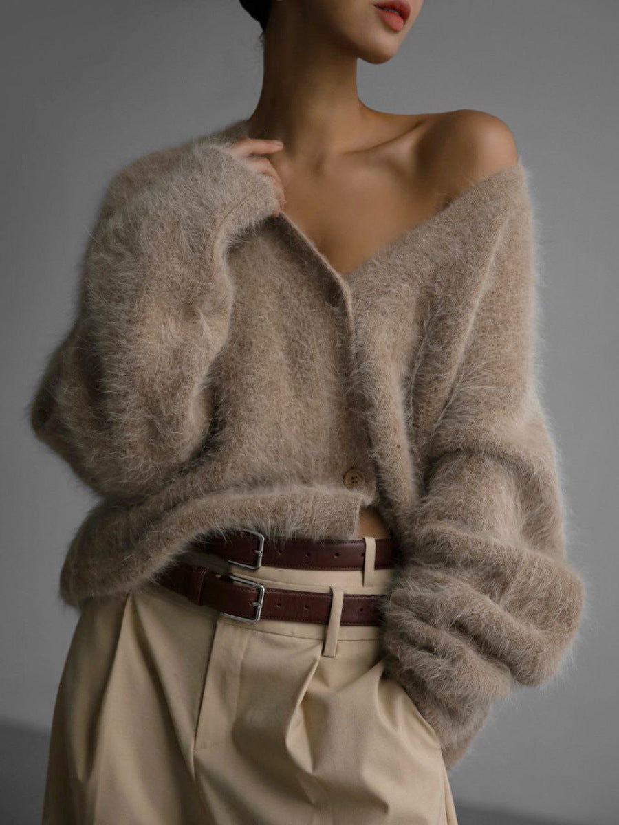 Plush Loose Long Sleeve V-neck Buttoned Cardigan