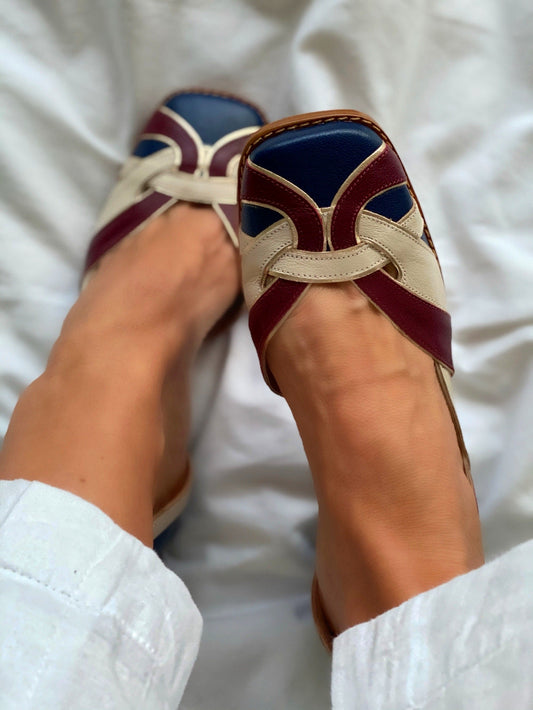 Multicolor patchwork Mid-heel Square toe side ditch Sandals