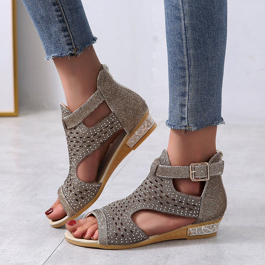 Open Toe Hollow Rhinestone Roman Sandals
