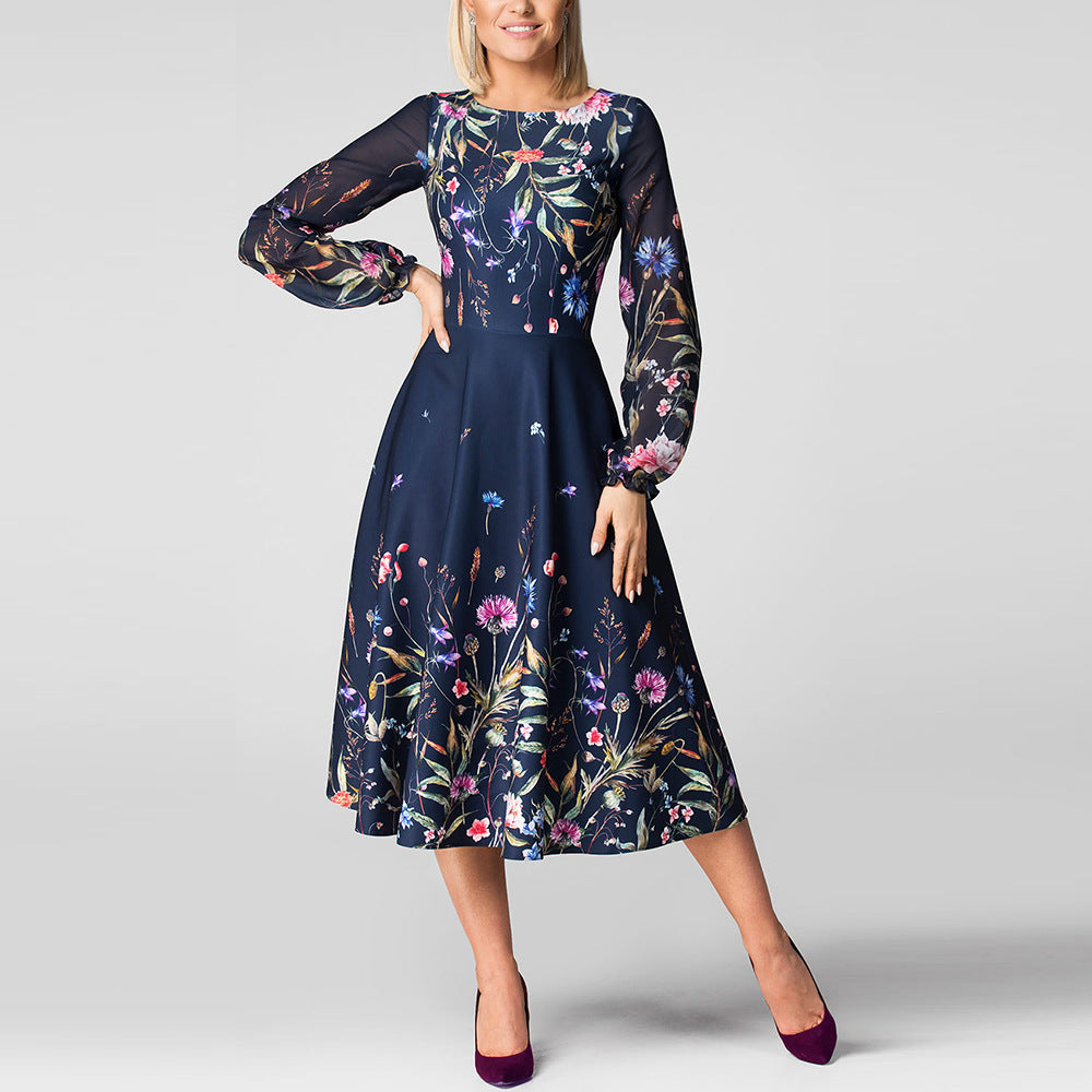 Vintage Print Crew Neck Long Sleeve Dress