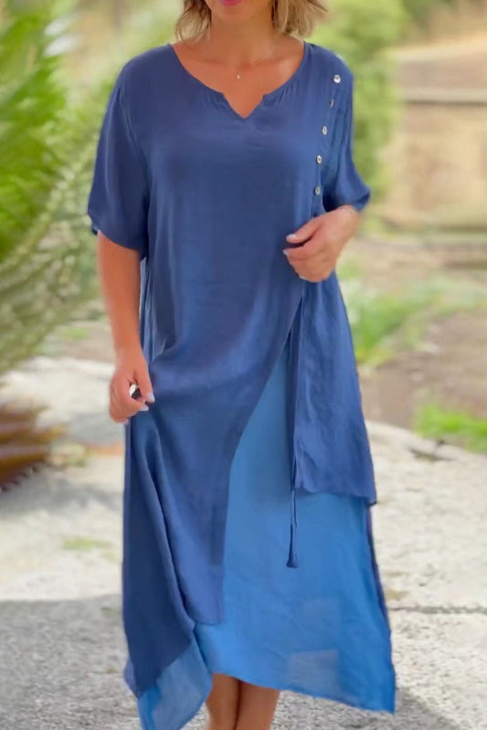 V-neck Short Sleeve Asymmetrical Two-piece Look Dress
