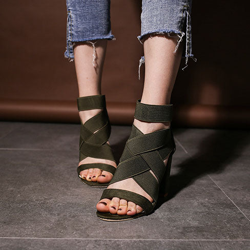 Stretch Fabric cross Straps thick Heel Sandals
