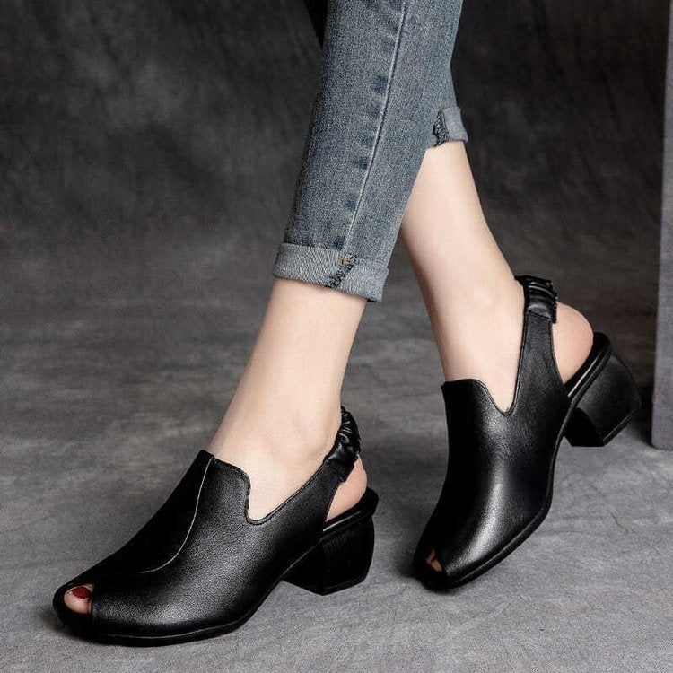 Thick medium heel elastic strap peep-toe sandals
