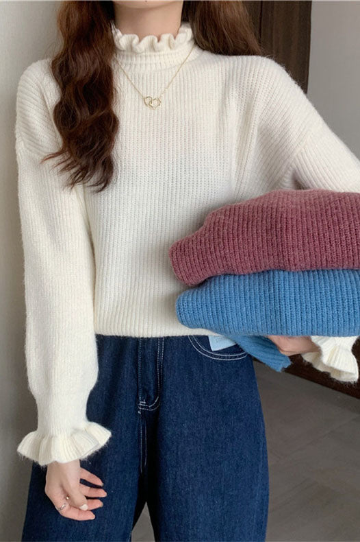 Half Turtleneck fungus Ruffled Sweater