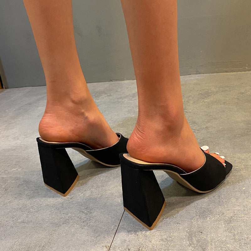 Square Toe Chunky High Heel Suede Slippers