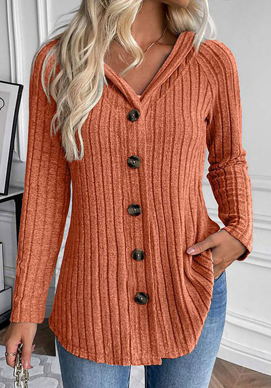 Solid color button hooded knit sweatshirt