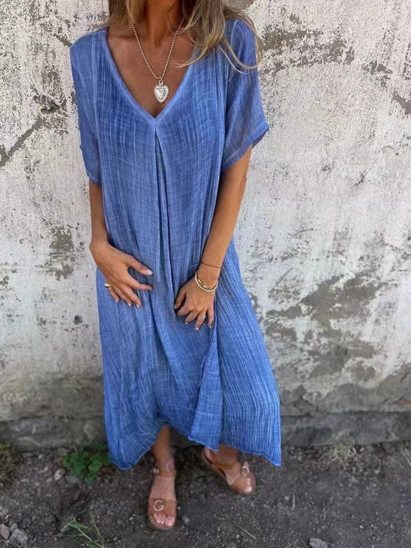 Loose Short Sleeve V-Neck Solid Color Cotton and Linen Dress