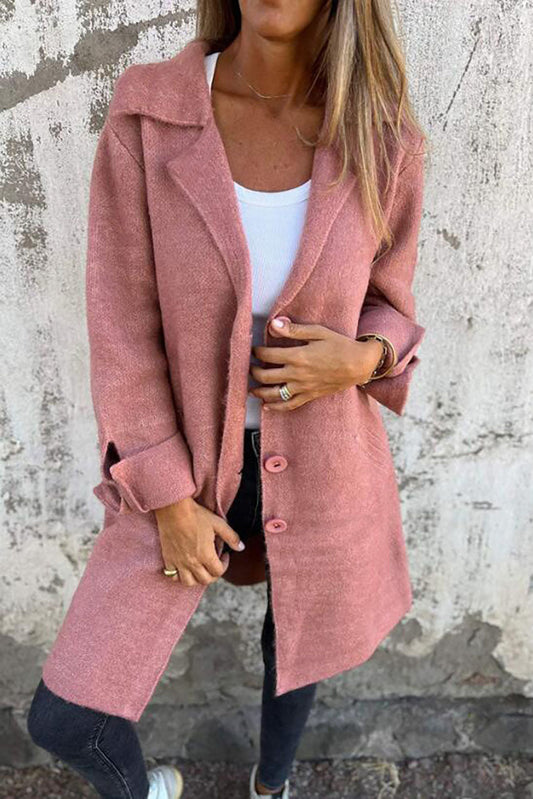 Solid color lapel pocket single breasted mid-length coat