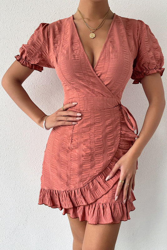 Solid color V-neck Pleated Asymmetric waist Dress