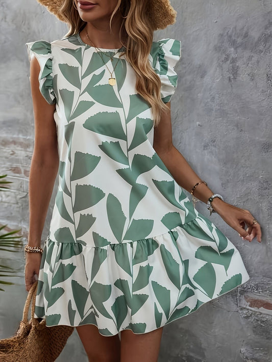 Floral Ruffle Sleeves Round Neck Loose Fit Dress