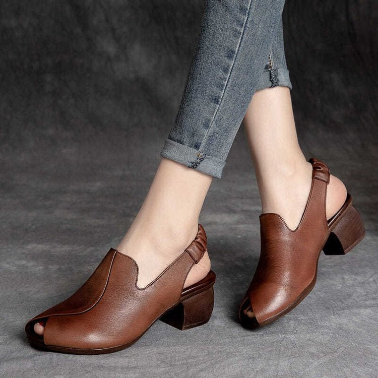 Thick medium heel elastic strap peep-toe sandals