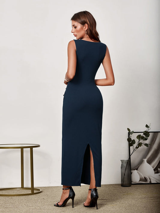 V-Neck Button Placket Back Split Bodycon Dress