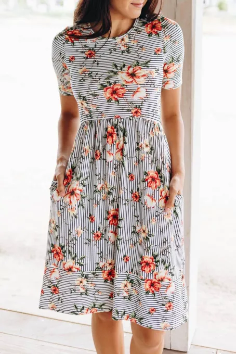 Striped Flower Short Sleeve Flowy Midi Dress