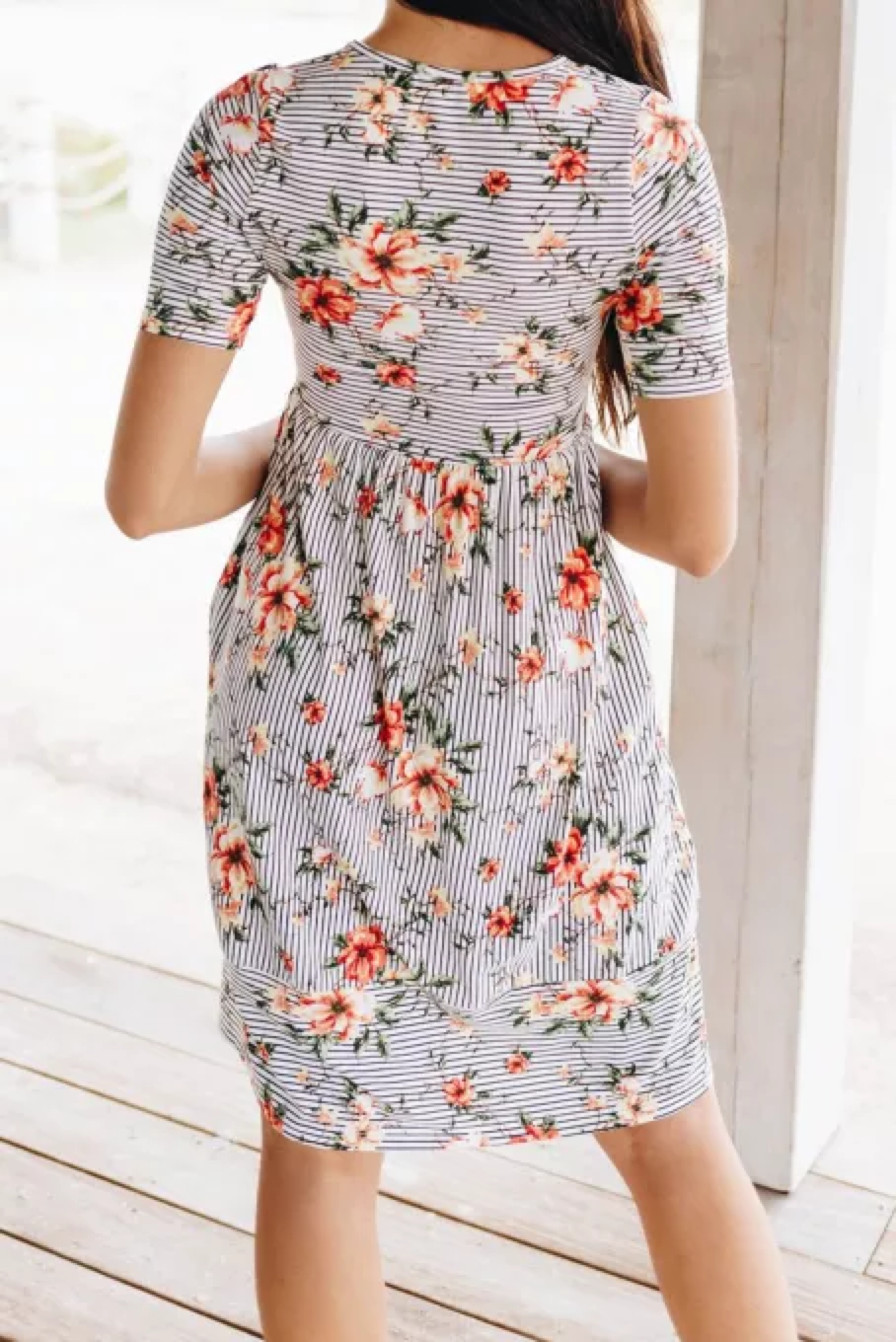 Striped Flower Short Sleeve Flowy Midi Dress